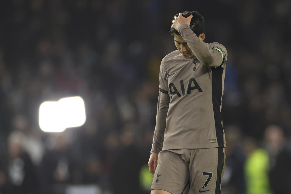 Tottenham's Son Heung-min leaves the pitch after the English Premier League soccer match between Brighton & Hove Albion and Tottenham Hotspur at the Amex stadium in Brighton, England, Thursday, Dec. 28, 2023. (AP Photo/Ian Walton)