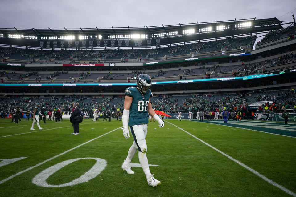 Philadelphia Eagles tight end Dallas Goedert walks off the field following an NFL football game against the Arizona Cardinals, Sunday, Dec. 31, 2023, in Philadelphia. The Cardinals won 35-31. (AP Photo/Matt Slocum)