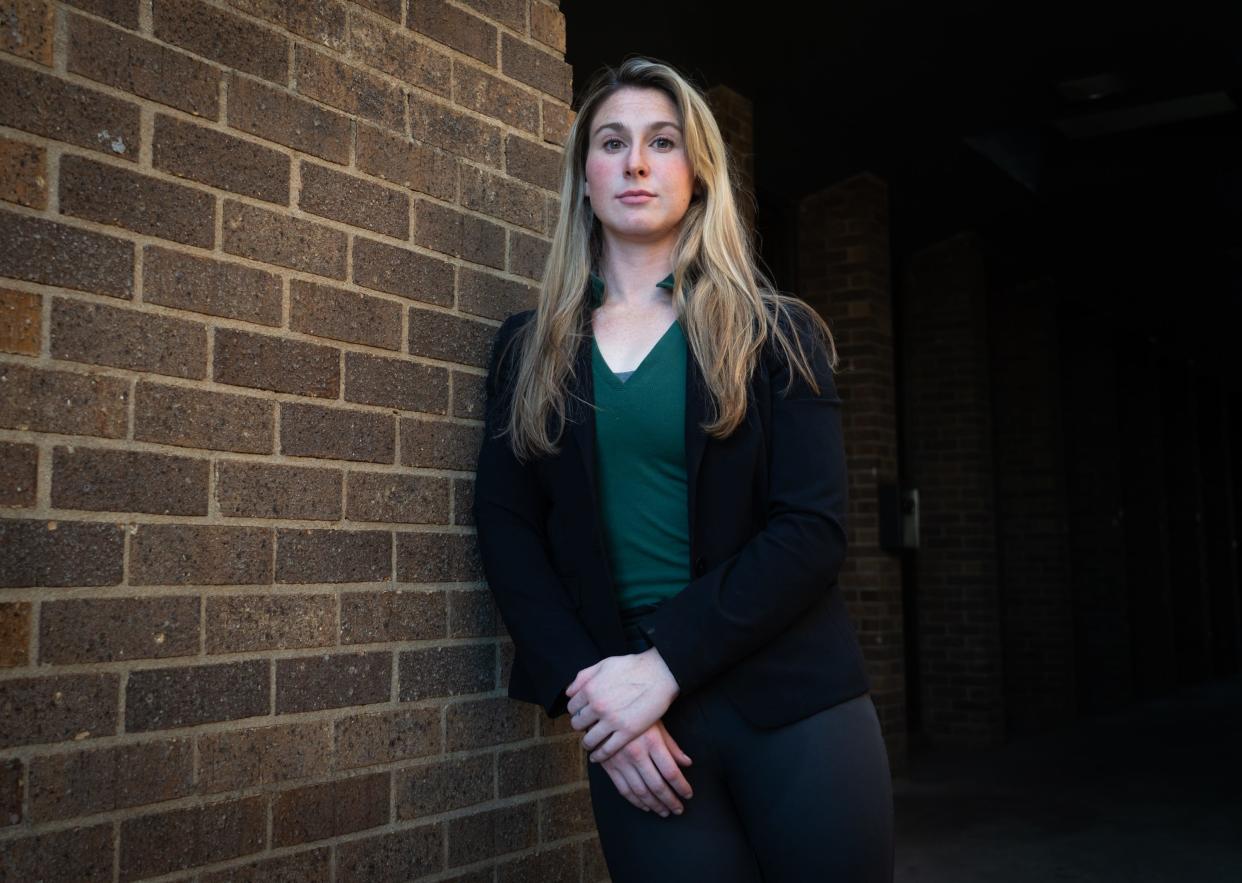 Former Austin Police Department Officer Samm Leidtke at her attorney's office in Austin, Jan. 30, 2024. Liedtke is suing the city in federal court for gender discrimination, which came "after three months of escalating, gender-based harassment and retaliation," the lawsuit states, that ultimately led to Liedtke quitting the department.