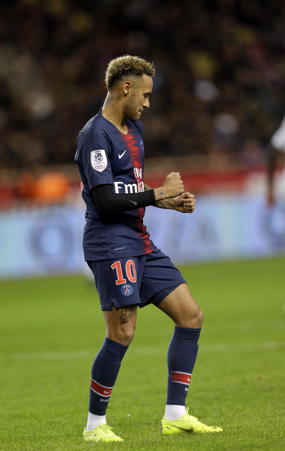 PSG's Neymar celebrates scoring his side's fourth goal of the game during the French League One soccer match between AS Monaco and Paris Saint-Germain at Stade Louis II in Monaco, Sunday, Nov. 11, 2018 (AP Photo/Claude Paris)