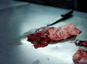 The poisonous organs of a blowfish are cut out by a licensed handler at the kitchen of a blowfish wholesaler in Shimonoseki