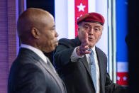 Republican candidate for New York City mayor, Curtis Sliwa, right, speaks during a debate with Eric Adams, Brooklyn borough president and Democratic mayoral candidate, at the ABC-7 studios in New York, Tuesday, Oct. 26, 2021. (Eduardo Munoz/Pool Photo via AP)