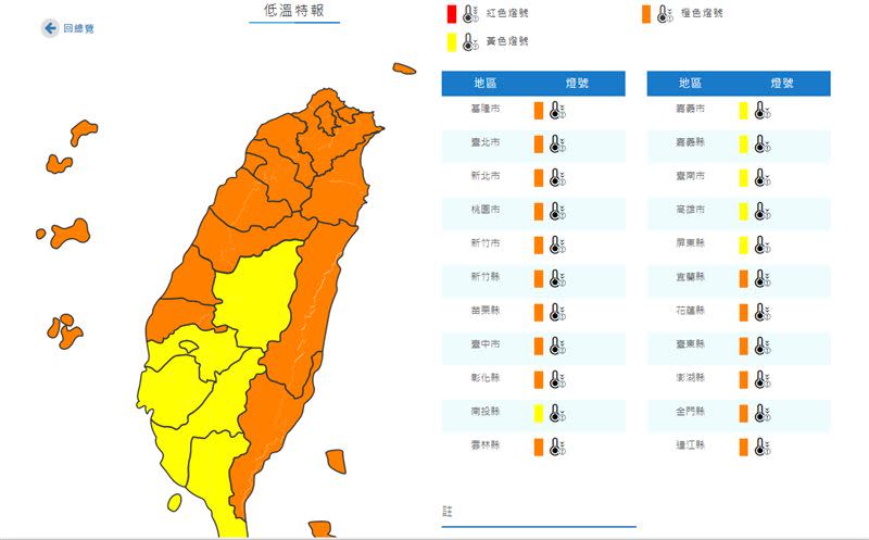 中央氣象局發布低溫特報。（圖／翻攝自中央氣象局）