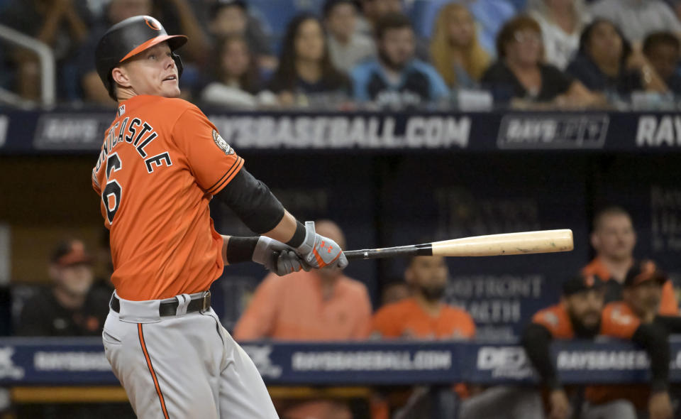 Baltimore Orioles' Ryan Mountcastle watches his two-run single to right field off Tampa Bay Rays reliever Luke Bard during the 11th inning of a baseball game Saturday, July 16, 2022, in St. Petersburg, Fla. (AP Photo/Steve Nesius)