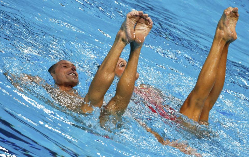 Jones and May of the U.S. perform in the synchronised swimming mixed duet technical final at the Aquatics World Championships in Kazan