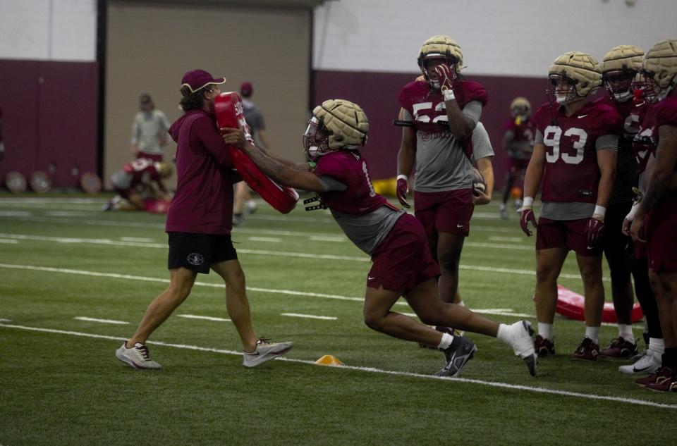 Florida State football players participate in day two of fall pracice at the Albert J. Dunlap center on Friday, July 26, 2024