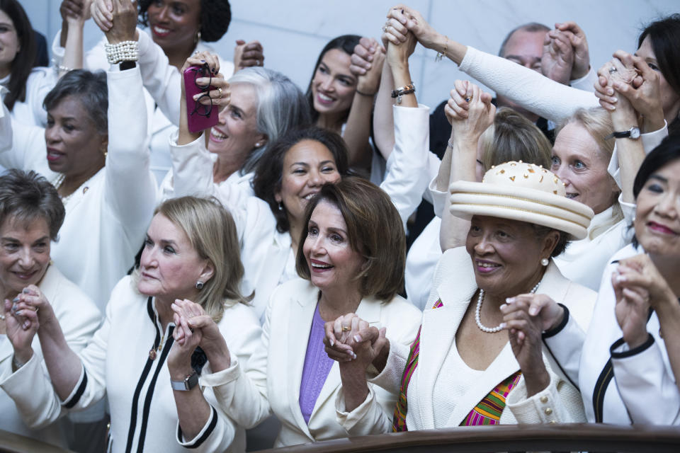 First row from left, Reps. Jan Schakowsky, D-Ill., Sylvia Garcia, D-Texas, Speaker Nancy Pelosi, D-Calif., Alma Adams, D-N.C. (Photo: Tom Williams/CQ Roll Call)