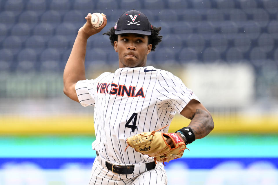 Jay Woolfolk of the Virginia Cavaliers pitches against the North Carolina Tar Heels in the ACC Baseball Championship on May 25 in Durham, North Carolina. (Photo by Eakin Howard/Getty Images)