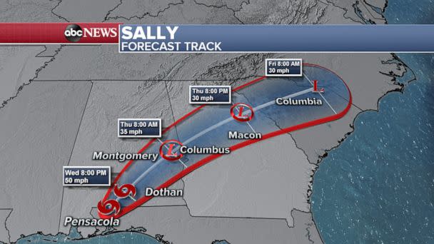 PHOTO: An ABC News weather map shows predictions for the Sally forecast track through Friday, Sept. 18, 2020. (ABC News)