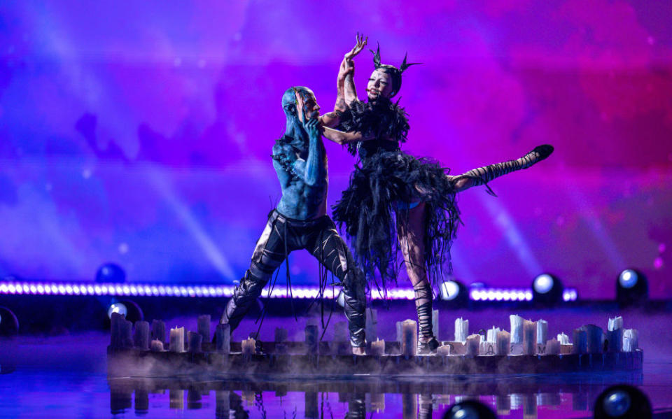 Bambie Thug from Ireland with the song "Doomsday Blue" on the Eurovision stage at the first rehearsal for the final in the Malmö Arena in Malmö, Sweden, on May 10, 2024.<span class="copyright">Jens Büttner—Getty Images</span>