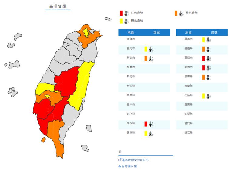 全台10縣市發布高溫特報。（圖／中央氣象局）