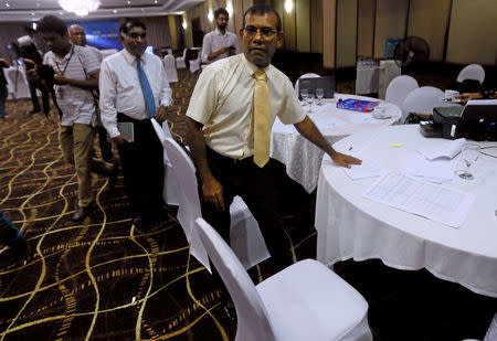 Maldives' former President Mohamed Nasheed looks on after an interview at a hotel during the Maldivian presidential election day, in Colombo, Sri Lanka September 23, 2018. REUTERS/Dinuka Liyanawatte