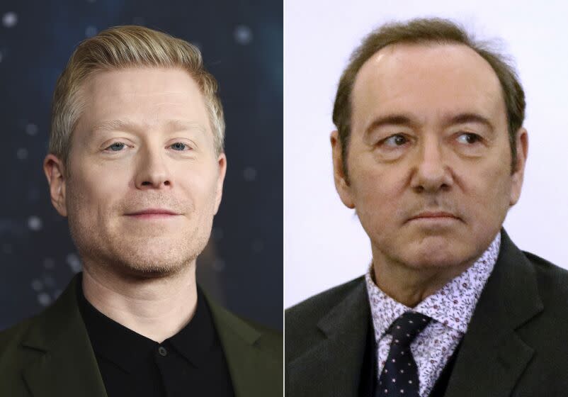 Actor Anthony Rapp attends the "Star Trek: Discovery" season two premiere in New York on Jan. 17, 2019, left, and actor Kevin Spacey is seen during his arraignment on a charge of indecent assault and battery in Nantucket, Mass., on Jan. 7, 2019. On Wednesday, Sept. 9, 2020, Rapp was one of two men who filed a lawsuit against Spacey, accusing the actor of sexual assaults in the 1980s when he and the other plaintiff, who is known as "C.D." were teens. (AP Photo, File)