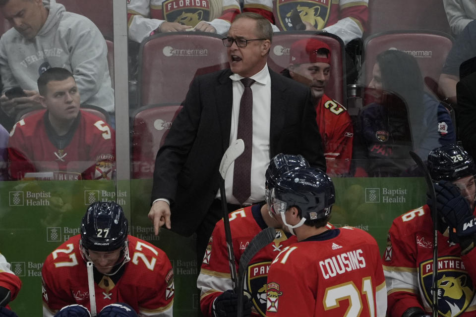Florida Panthers head coach Paul Maurice gestures during a time out during the first period of an NHL hockey game against the Ottawa Senators, Tuesday, April 9, 2024, in Sunrise, Fla. (AP Photo/Marta Lavandier)
