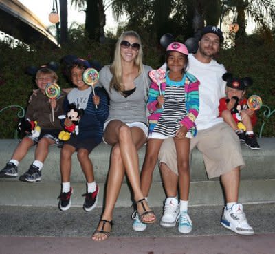 Beta-chicken: Federline with his four kids and his girlfriend Victoria Prince, who just confirmed her pregnancy. (GSI Media) 