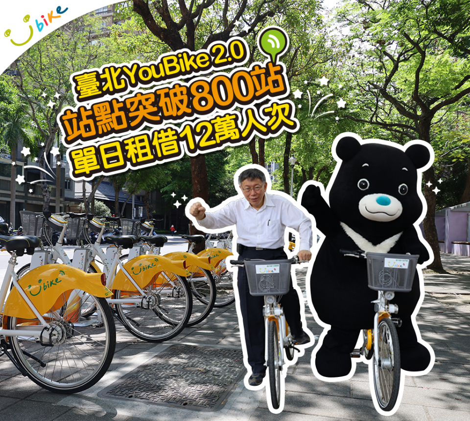 台北市YouBike2.0建置突破八百站，使租借人數創下新高。（北市交局提供）