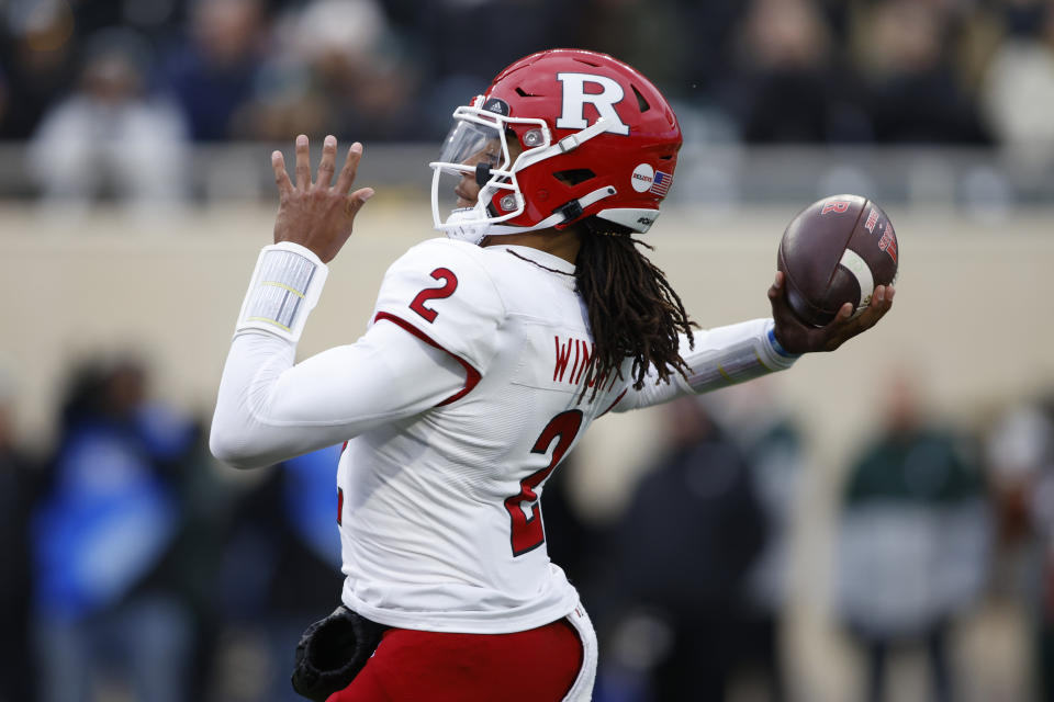 Rutgers quarterback Gavin Wimsatt throws a pass against Michigan State during the first half of an NCAA college football game, Saturday, Nov. 12, 2022, in East Lansing, Mich. (AP Photo/Al Goldis)