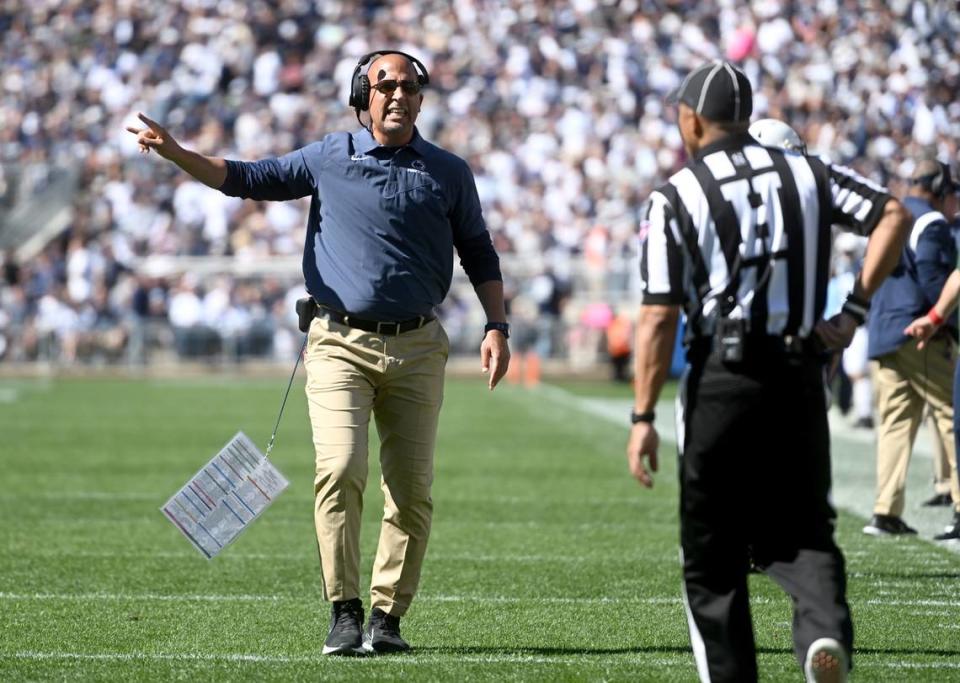 Penn State football coach James Franklin yells to the ref during the game against Central Michigan on Saturday, Sept. 24, 2022.