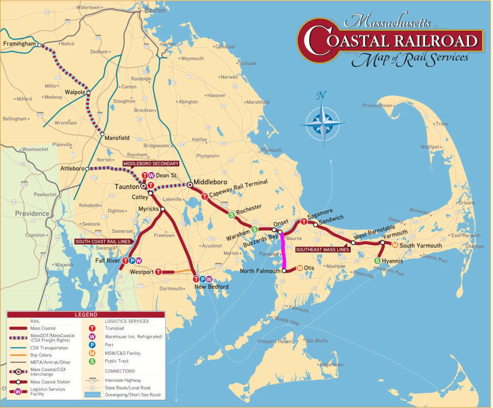 Massachusetts Coastal Railroad is a nearly 60-mile network of rail lines, stretching from Fall River to Hyannis. The Falmouth Secondary line runs north and south along the Bourne coastline.