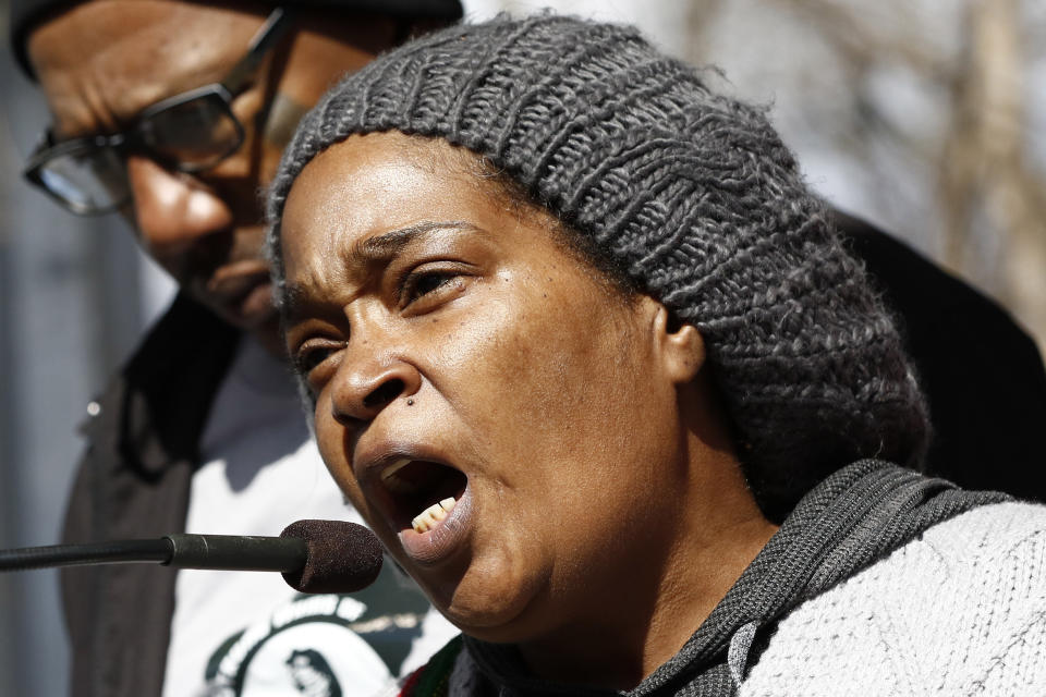 Sharon Brown, of the Mississippi Prison Reform Coalition, address prison reform attendees at a rally outside the Mississippi Capitol in Jackson, Miss., Friday, Jan. 24, 2020. The rally protested dangerous and unhealthy prison conditions within the state prison system. A number of inmates have been killed in violent clashes in recent weeks at those facilities. (AP Photo/Rogelio V. Solis)