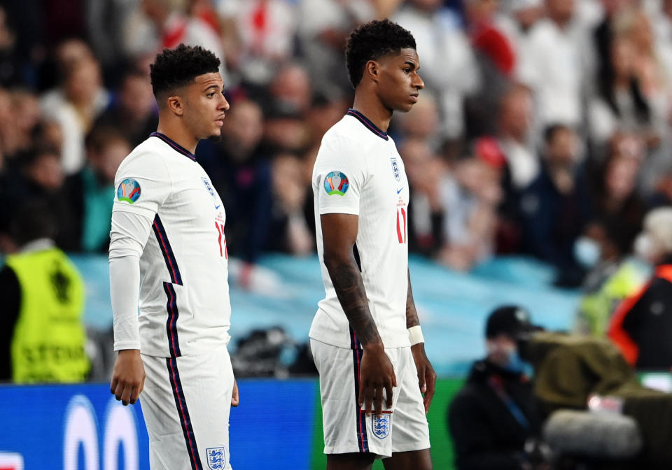 Soccer Football - Euro 2020 - Final - Italy v England - Wembley Stadium, London, Britain - July 11, 2021 England's Marcus Rashford and Jadon Sancho about to check in Pool via REUTERS/Andy Rain