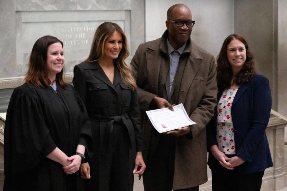 Melania Trump with newly sworn-in citizens at the National Archives