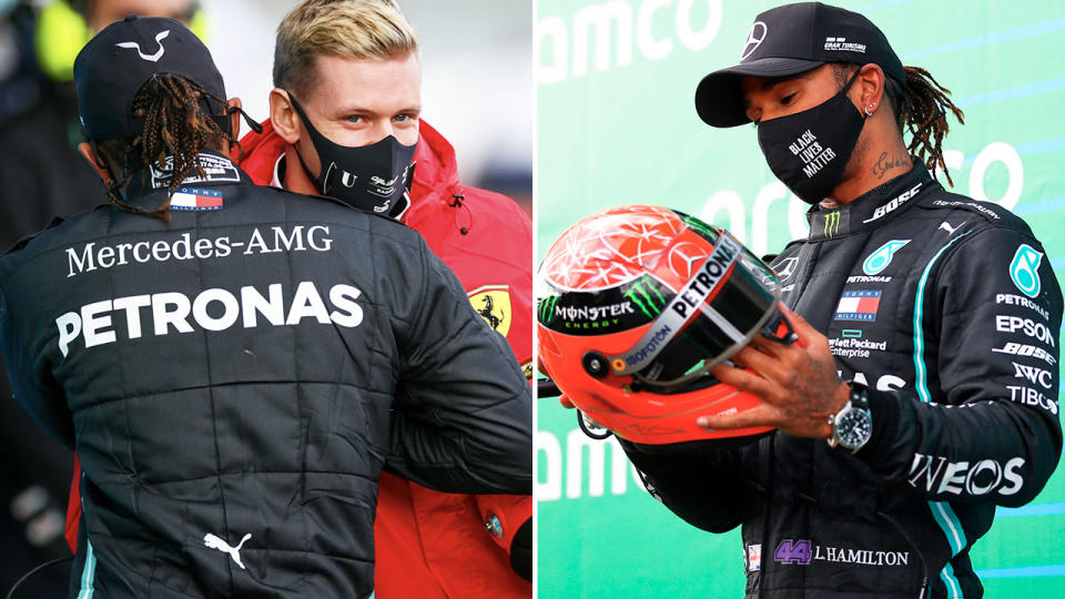 Mick Schumacher, pictured here presenting Lewis Hamilton with one of his father's helmets.