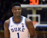 Feb 16, 2019; Durham, NC, USA; Duke Blue Devils forward Zion Williamson (1) reacts during the second half against the North Carolina State Wolfpack at Cameron Indoor Stadium. The Blue Devils won 94-78. Mandatory Credit: Rob Kinnan-USA TODAY Sports