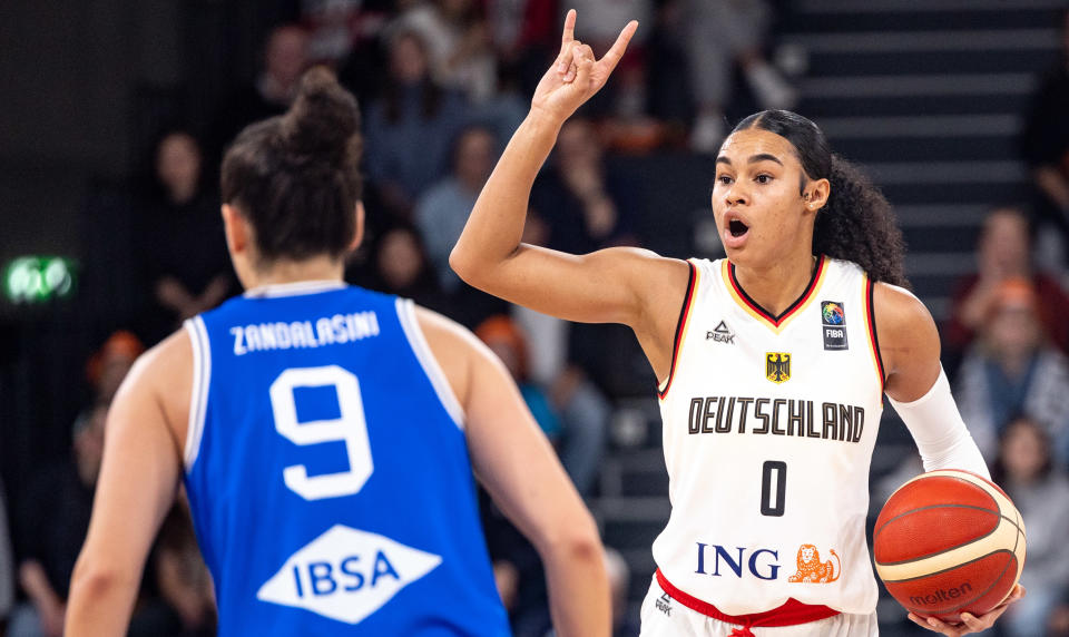 Germany's Satou Sabally gesture during a European championship qualifier against Italy on Nov. 12, 2023, in Hamburg, Germany. (Photo by Axel Heimken/picture alliance via Getty Images)