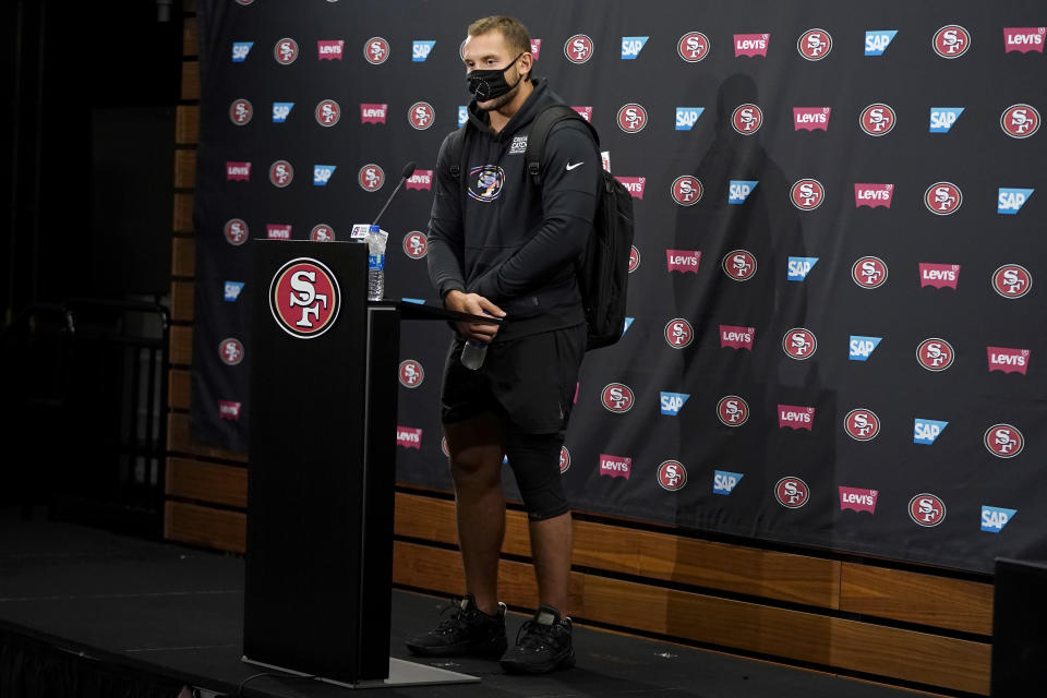 San Francisco 49ers defensive end Nick Bosa speaks during a news conference at NFL football training camp in Santa Clara, Calif., Thursday, July 29, 2021. (AP Photo/Jeff Chiu)