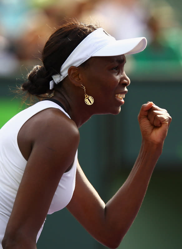 KEY BISCAYNE, FL - MARCH 25: Venus Williams of the USA shows her emotion during her three set victory against Aleksandra Wozniak of Canada in their third round match at the Sony Ericsson Open at Crandon Park Tennis Center on March 25, 2012 in Key Biscayne, Florida. (Photo by Clive Brunskill/Getty Images)