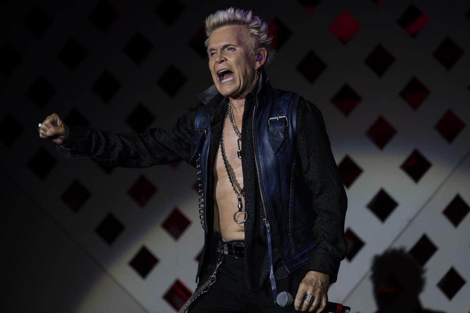 FILE - British singer Billy Idol performs during the Rock in Rio music festival in Rio de Janeiro, Brazil, Friday, Sept. 9, 2022. Idol will headline a pre-game concert ahead of the Super Bowl on Feb. 11 just outside Allegiant Stadium, where the NFL’s two best teams face off. (AP Photo/Bruna Prado, File)