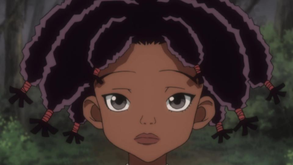 a close up photo of HunterXHunter anime character Canary, a black girl with several puffy ponytails