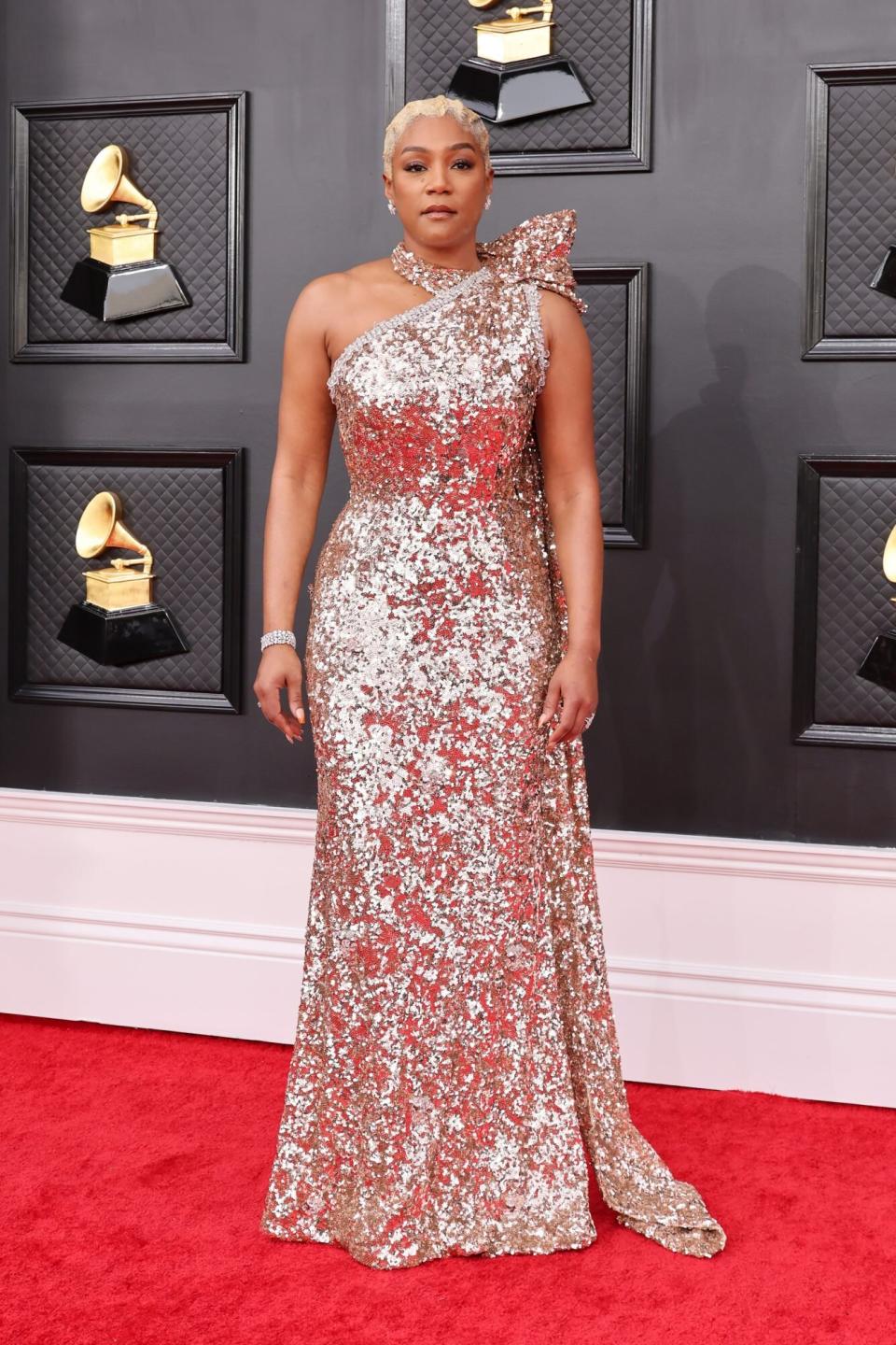 Tiffany Haddish 2022 Grammy Red Carpet Silver Gown