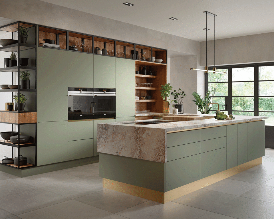 Green kitchen with stone worktop