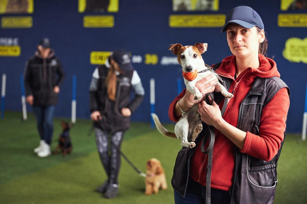 portrait of a dog trainer in a training facility holding a Jack Russell Terrier with two clients and their dogs in the background