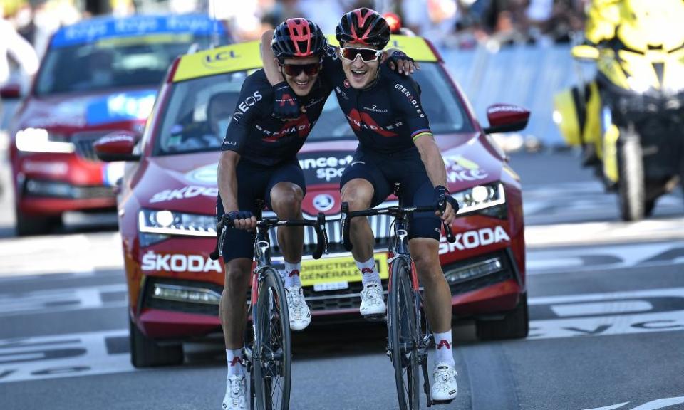 Kwiatkowski (right) and his Ineos Grenadiers teammate Richard Carapaz celebrate after coming home first and second.