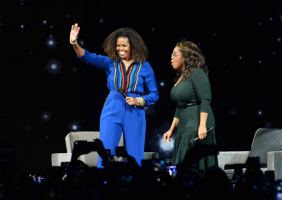 Michelle Obama, left, and Oprah Winfrey participate at "Oprah's 2020 Vision: Your Life in Focus" tour at the Barclays Center on Saturday, Feb. 8, 2020, in New York. (Photo by Brad Barket/Invision/AP)