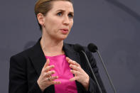 Denmark's Prime Minister Mette Frederiksen speaks during a press conference in the Prime Minister's Office in Copenhagen, Thursday Nov. 5, 2020. Seven Danish mayors say restaurants will be closed across northern Denmark and people in the region will be encouraged to be tested after authorities found a mutation in the virus in 12 residents who got infected by minks. (Philip Davali/Ritzau Scanpix via AP)