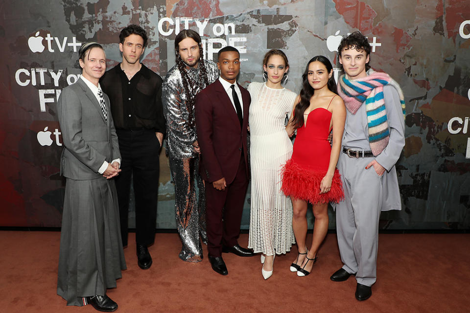 (From l.): John Cameron Mitchell, Ashley Zukerman, Nico Tortorella, Xavier Clyde, Jemima Kirke, Chase Sui Wonders and Wyatt Oleff at the May 9 Brooklyn, N.Y., premiere of Apple TV Plus series City on Fire.