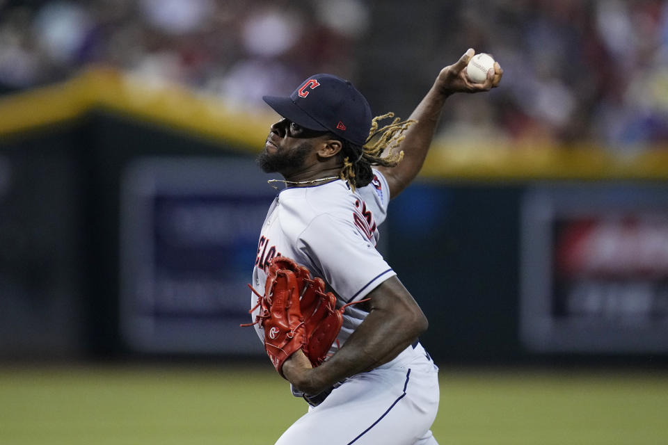 Cleveland Guardians starting pitcher Touki Toussaint throws to an Arizona Diamondbacks batter during the first inning of a baseball game Friday, June 16, 2023, in Phoenix. (AP Photo/Ross D. Franklin)