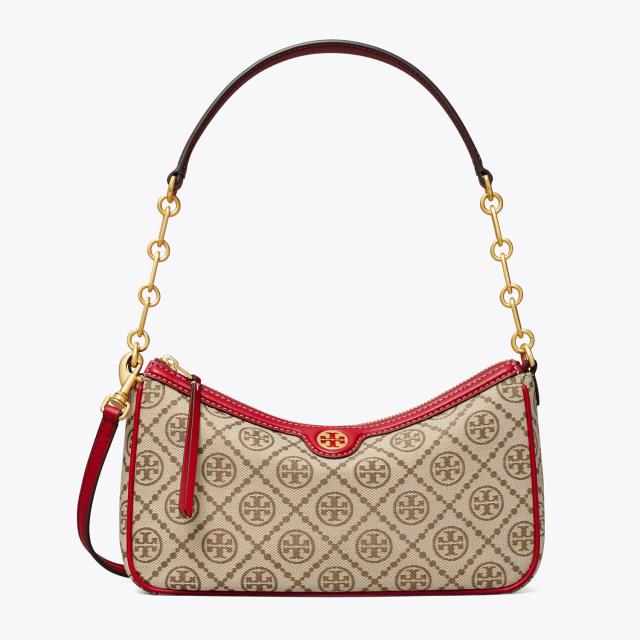 NWT !Tory Burch T Monogram Jacquard Bucket Bag Hazelnut/Tory Red