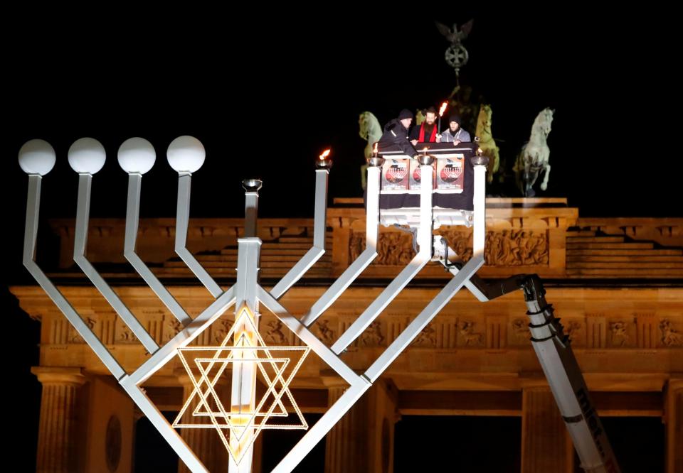 The Brandenburg Gate Hanukkah menorah is lit in Berlin, Germany