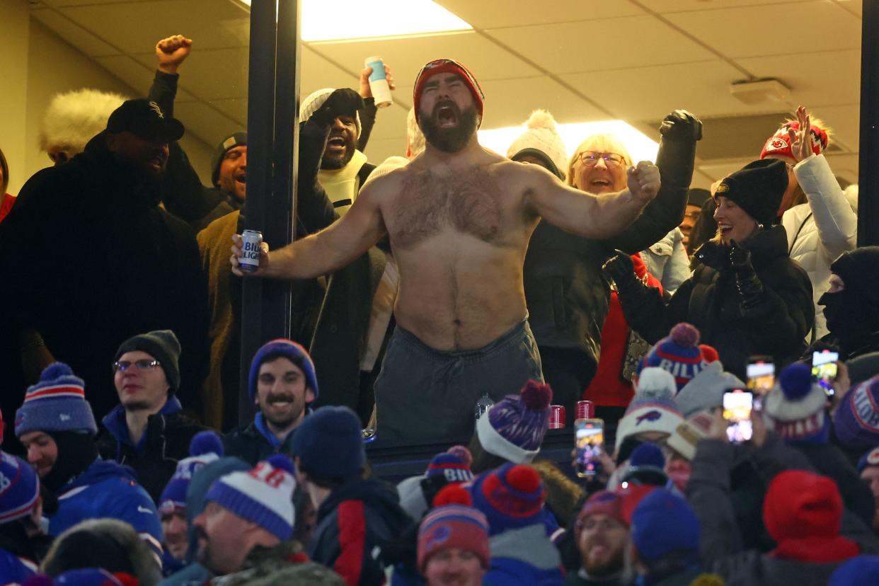 Jason Kelce reacts after the Kansas City Chiefs score against the Buffalo Bills during the first half for the 2024 AFC divisional round game at Highmark Stadium.