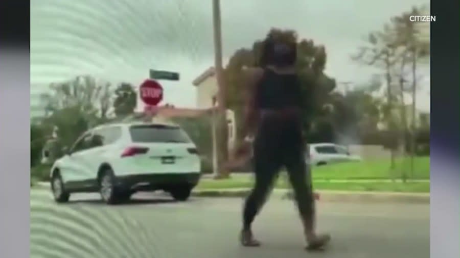A woman exiting her Volkswagen Tiguan SUV to throw large bricks at car windshields in Los Angeles.