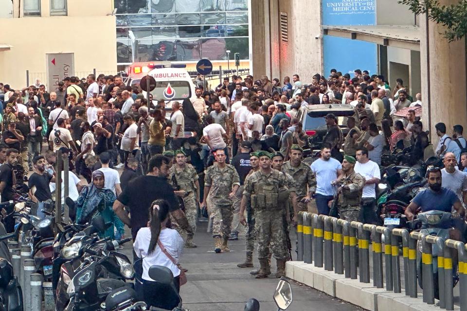 Lebanese soldiers gather outside a hospital (EPA)