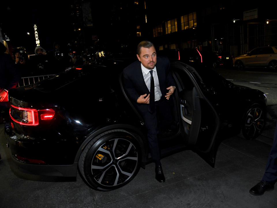 NEW YORK, NEW YORK - DECEMBER 05: Leonardo DiCaprio arrives in an eco-friendly POLESTAR 2S car to the 