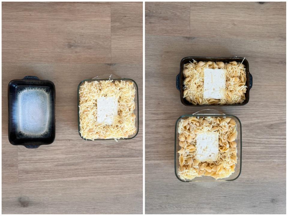 A collage of two oven plates with pasta and feta cheese in.