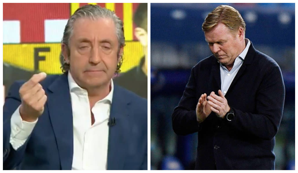 Josep Pedrerol en 'El chiringuito de jugones'; Ronald Koeman durante un partido del FC Barcelona. (Fuentes: Twitter/@elchiringuitotv; REUTERS/Pablo Morano)