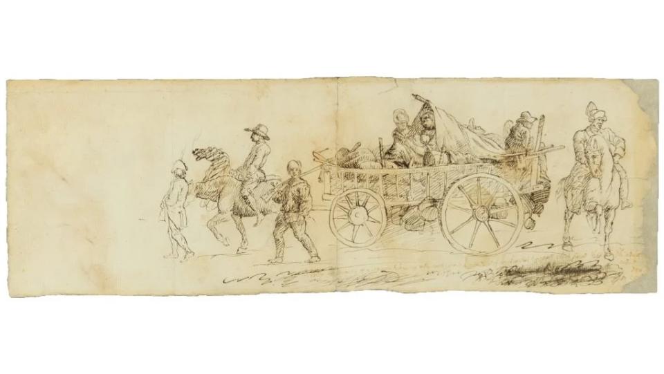 This 1777 sketch found in a New York City apartment turned out to be the oldest known depiction of Revolutionary War “camp followers” — wives and daughters who tagged along with troops to help with chores. Courtesy of the Museum of the American Revolution